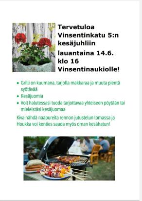 Kutsu Vinsentinkatu 5 asukkaiden kesäjuhlaan