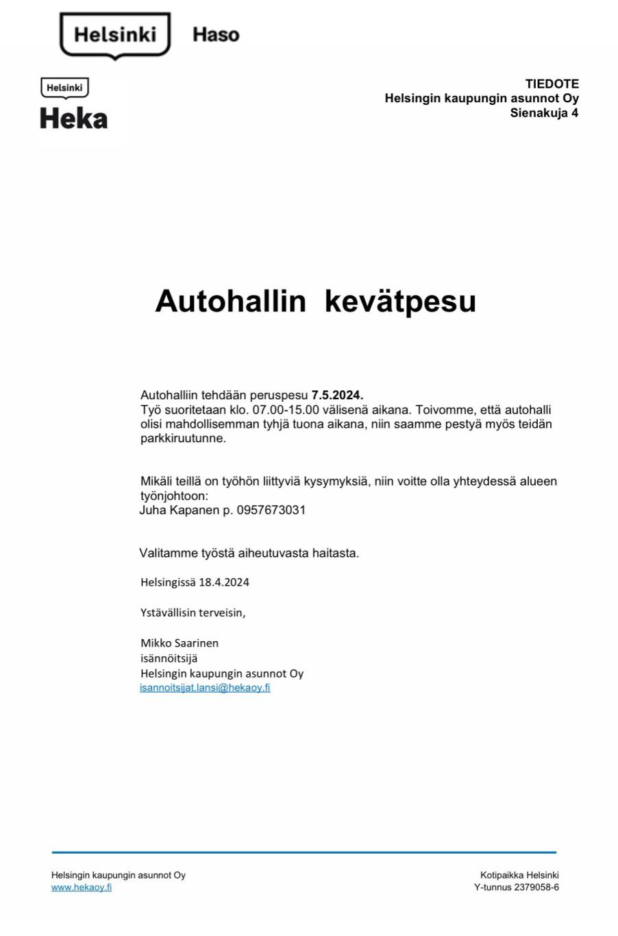 Hekan ja Hason tiedote autohallin pesusta