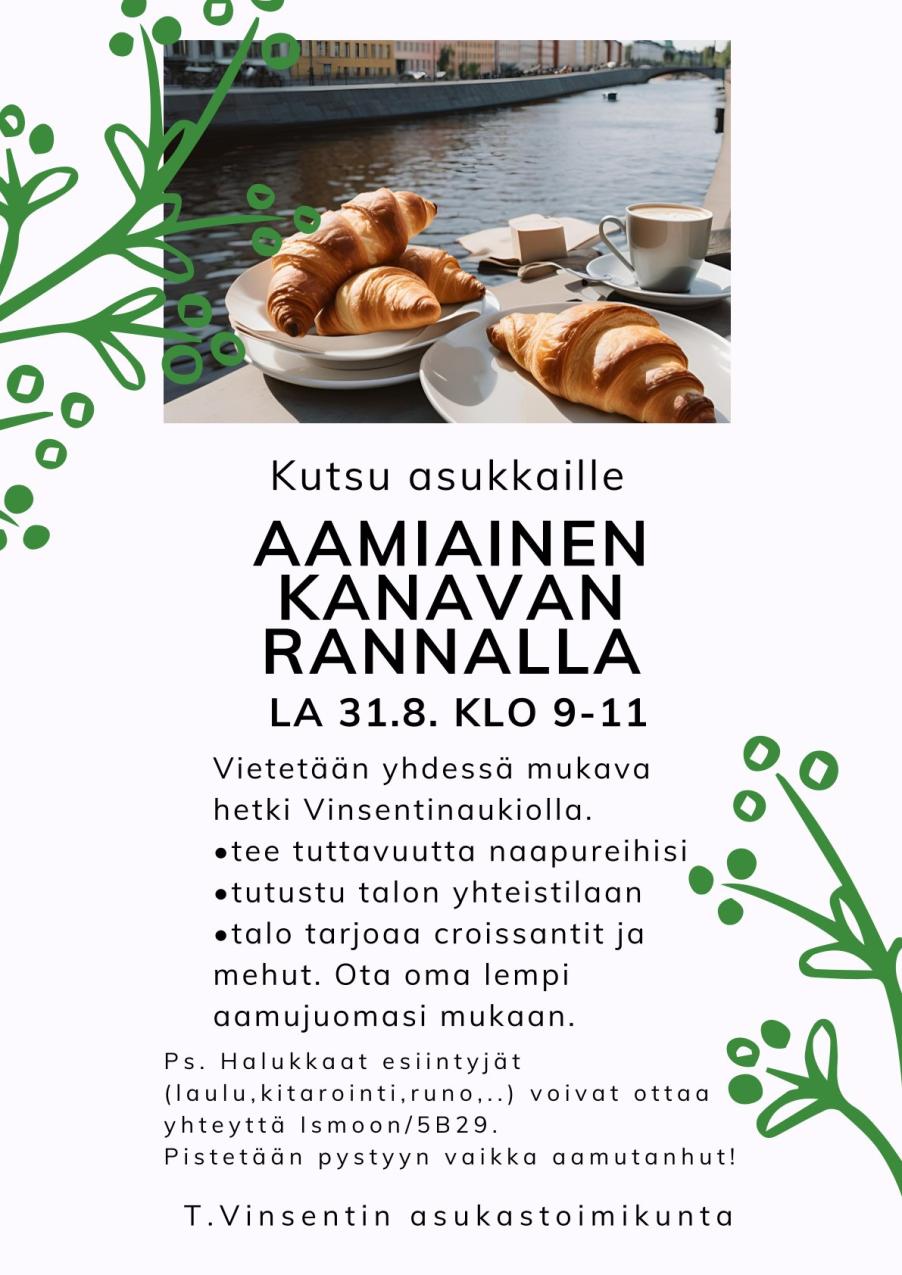 Kutsu asukastapahtumaan. Kuvassa Croisantit rannalla.