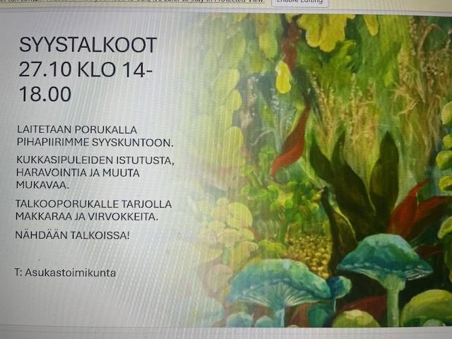 TERVETULOA SYYSTALKOISIIN 27.10 KLO 14-18.00